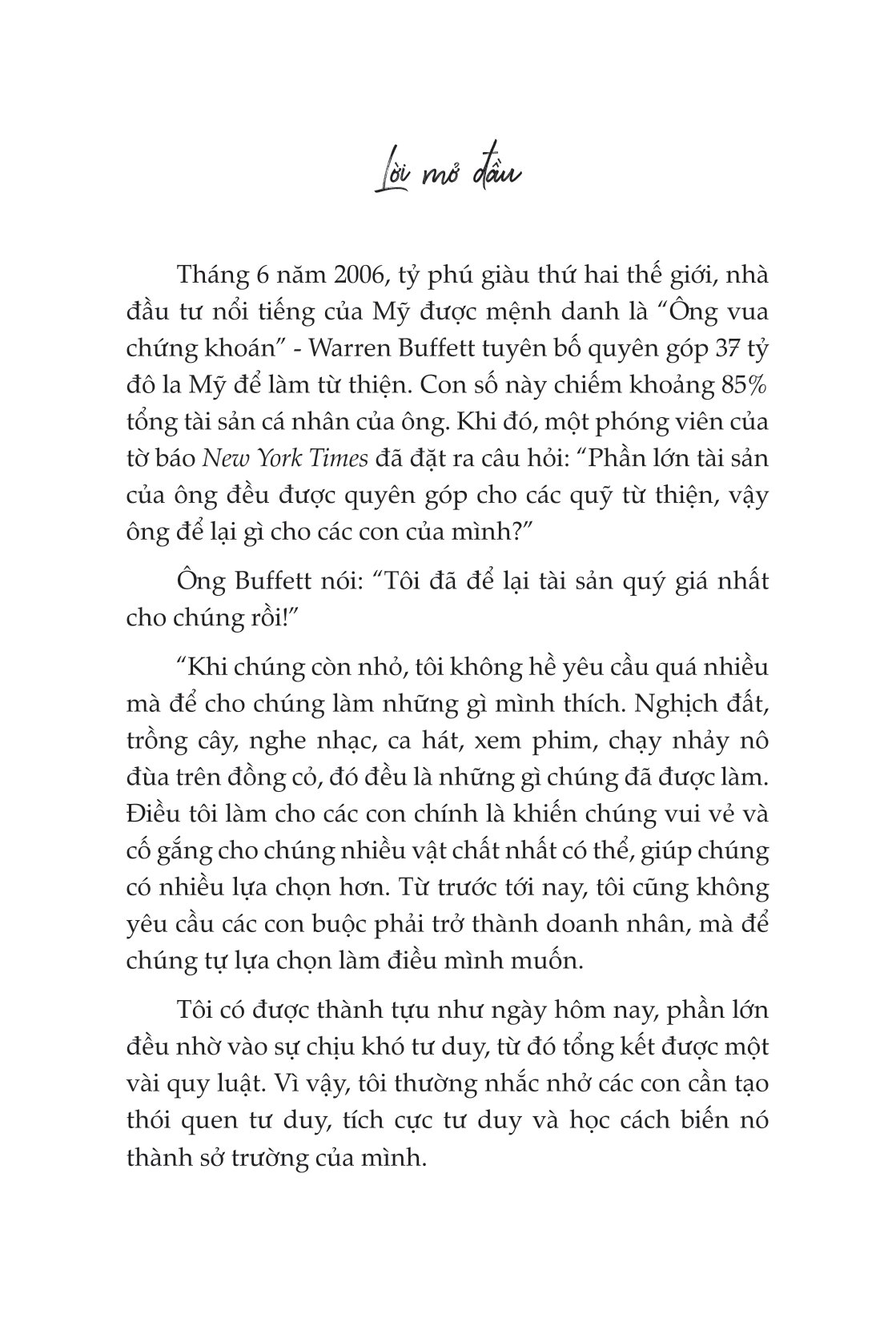 Vài trang đầu của cuốn "Tâm Thư Của Warren Buffett Dành Cho Con Cái"